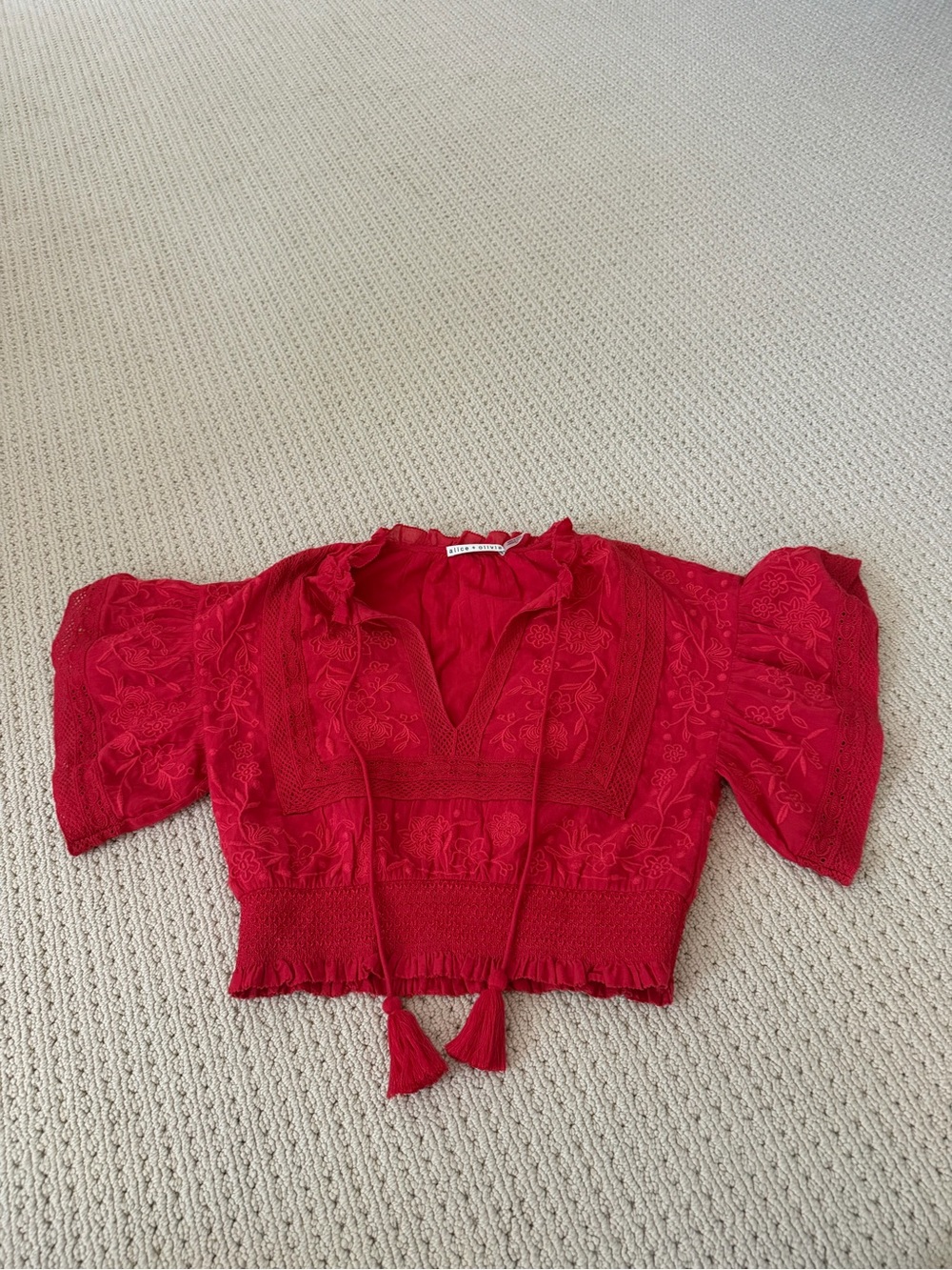 Alice + Olivia Red Embroidered Tassel Crop Top